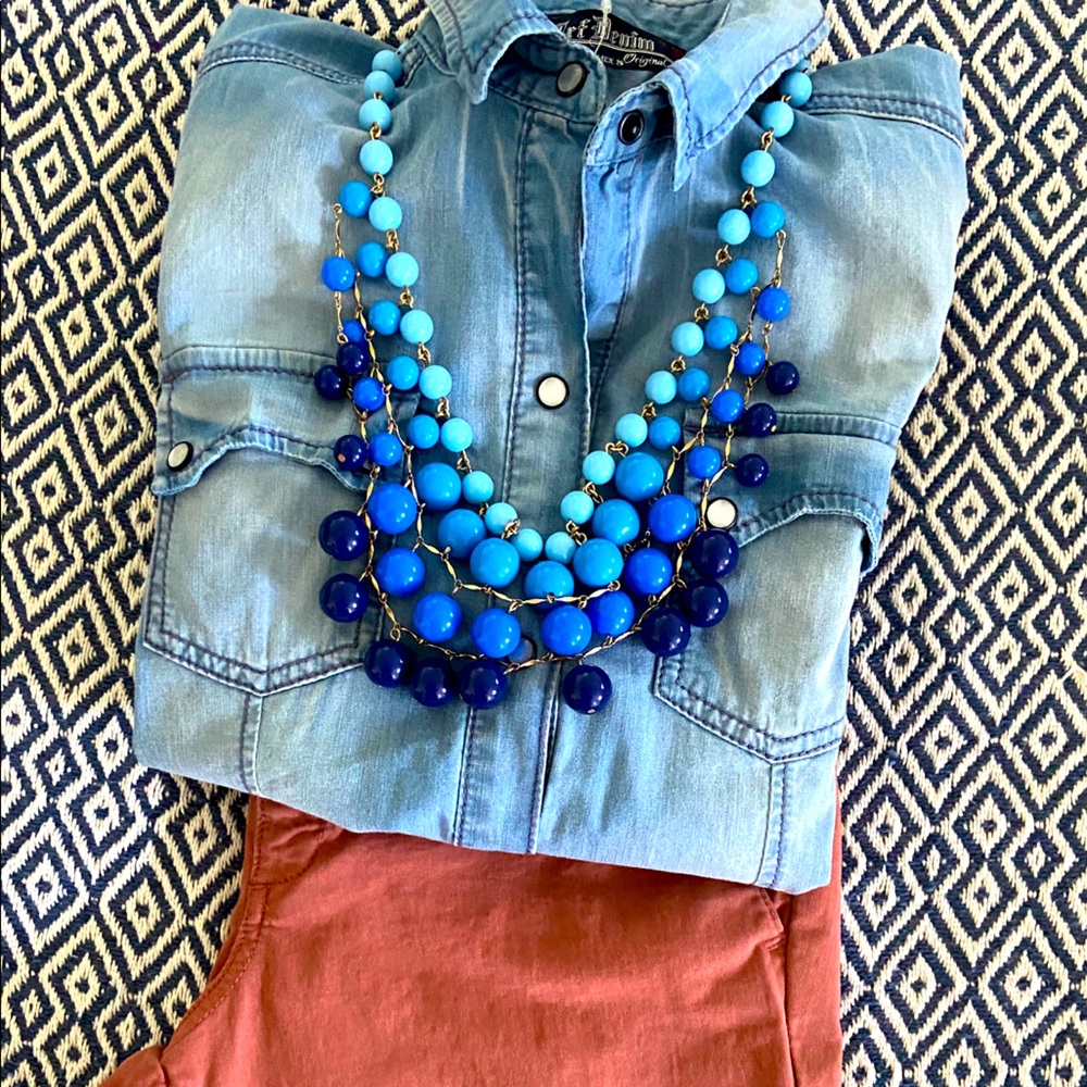 Zara Light Blue Denim Button-Down Shirt with Blue Beaded Necklace